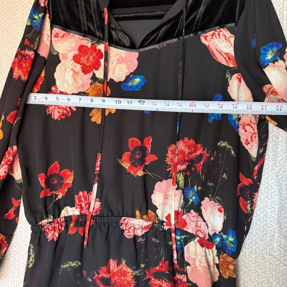 Worthington Black Floral Velvet‎ Trim Long Sleeve Peplum Blouse Women's XL - Picture 8 of 9